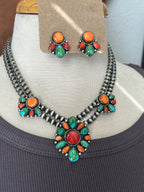 Navajo Made Sterling Silver Electric Rainbow Beaded Cluster Necklace & Earrings Set by Angela Martin