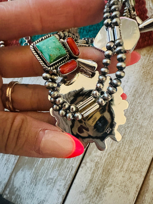 ** Christmas Collection ** Handmade Sterling Silver, Turquoise & Coral Necklace Signed Nizhoni