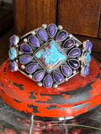 Handcrafted Sterling Silver, Charoite and Golden Hills Turquoise Cluster Cuff Bracelet by Tyler Brown /