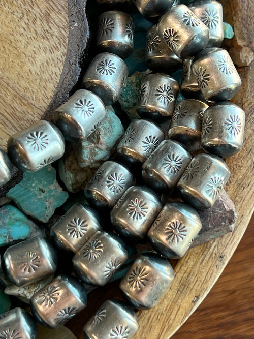 Handmade Stamped Sterling Silver Barrel Beads, High Noon