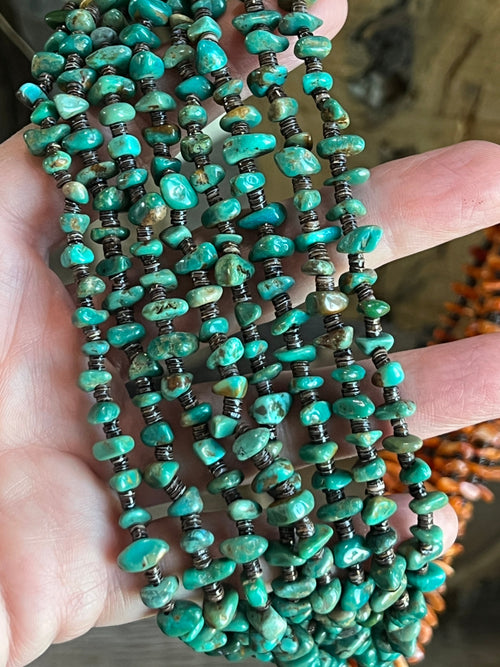 Handcrafted Eight Strand Spiny Oyster and Turquoise Beaded Squaw Wrap Necklace by Daniel Coriz