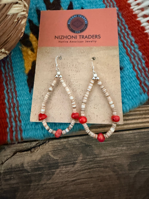Handcrafted Heishi Shell & Coral Beaded Dangle Hoop Earrings
