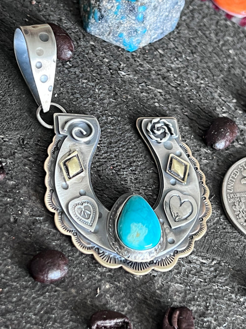 Kimari Somers Hand Stamped Sterling Silver Heart Motif Horseshoe Pendant with Brass & Royston Turquoise
