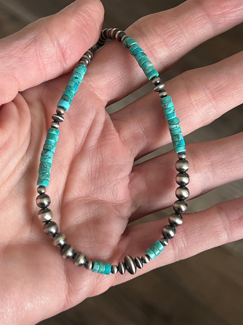Handcrafted Summer Lovin’ Beaded Layering Necklace with Sterling Silver and Turquoise, 15” + 2”, The Wave Runner