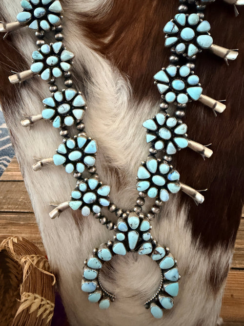 Handcrafted Golden Hills Turquoise & Sterling Silver Beaded Squash Blossom Necklace by Pansy Johnson