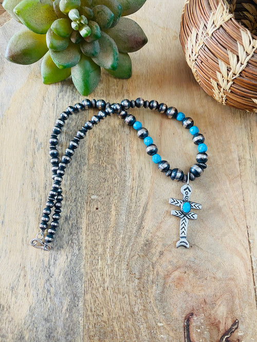 Handcrafted Sterling Silver Pearl & Turquoise Beaded Cross Necklace