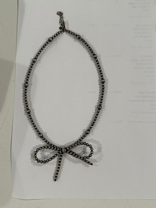 Sterling Silver Navajo Pearl Style Beaded Bow Tie Necklace 16-18 inches