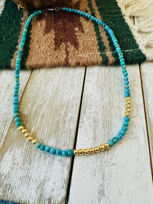 Handcrafted Turquoise & Gold Beaded 18” Necklace