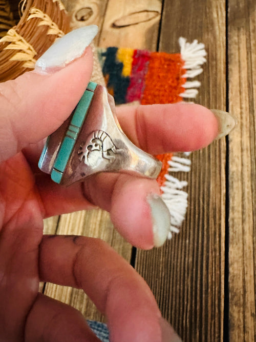 Old Pawn Handcrafted Turquoise & Sterling Silver Inlay Ring Size 10