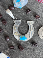 Kimari Somers Hand Stamped Sterling Silver Sonoran Desert Horseshoe Pendant with Brass & Royston Turquoise