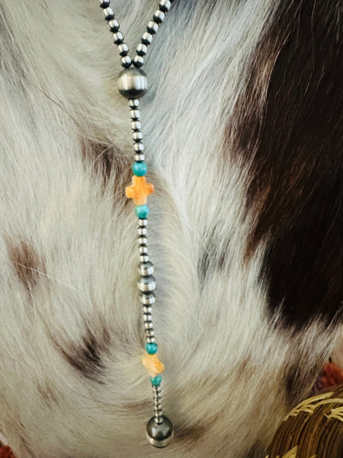 Handcrafted Turquoise, Spiny Oyster & Sterling Silver Pearl 20” Beaded Lariat Necklace