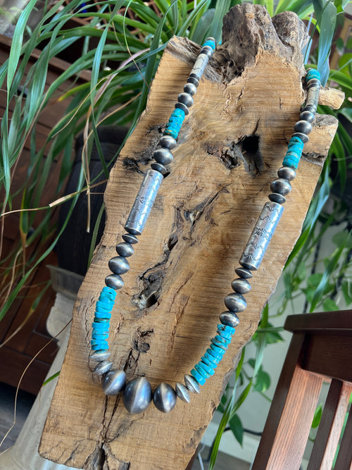 Navajo Sterling Silver and Kingman Turquoise Handmade Beaded Necklace by Rose Martin, 34 Inches