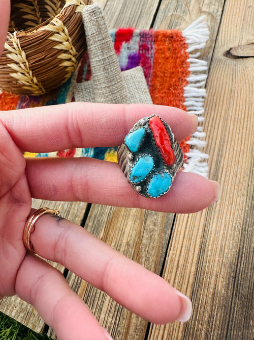 Old Pawn Handcrafted Turquoise, Coral & Sterling Silver Ring Size 8.5