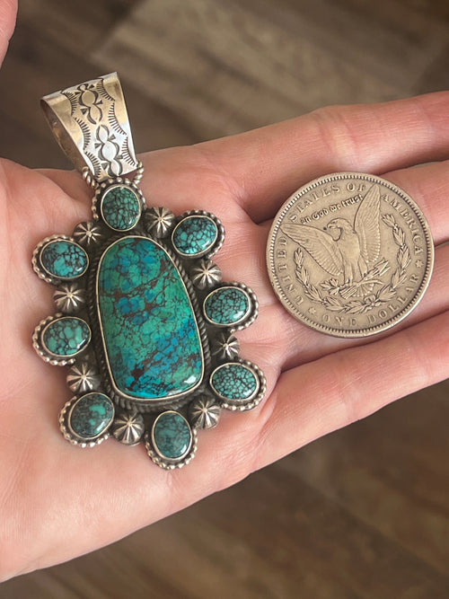 Apache Made Sterling Silver, Hubei Turquoise & Chrysocolla Cluster Pendant by Rosella Paxson