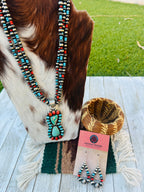 Handcrafted Old Pawn Turquoise, Spiny Oyster & Sterling Silver Beaded Necklace and Earring Set, Signed J