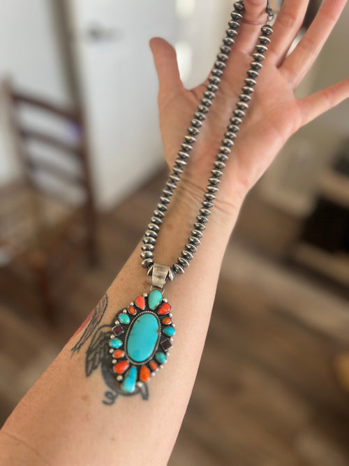 Handcrafted Electric Rainbow Turquoise and Spiny Oyster Pendant by Angela Martin