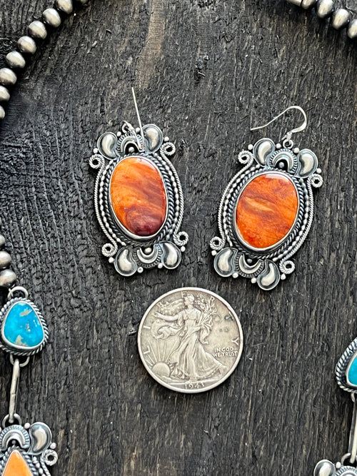 Handcrafted Sterling Silver, Spiny Oyster and Turquoise Link and Bead Necklace and Earrings Set by Derrick Gordon