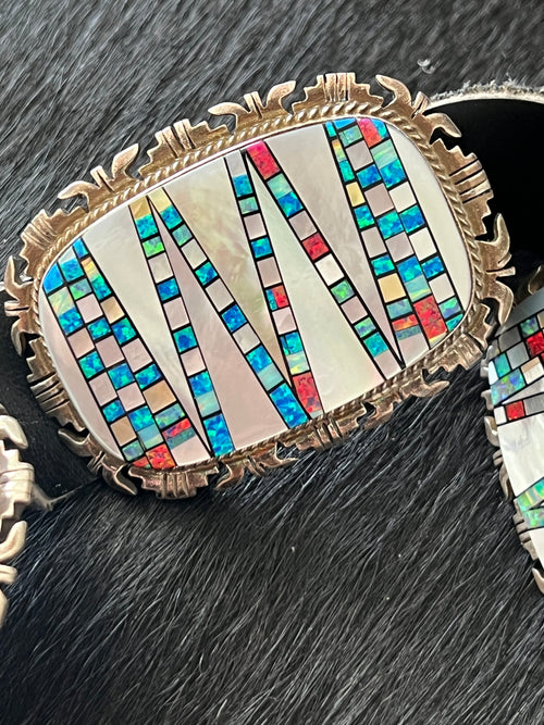 Tremendous Old Pawn Handcrafted Sterling Silver, Mother of Pearl and Opal Inlay Concho Belt by Albert Francisco