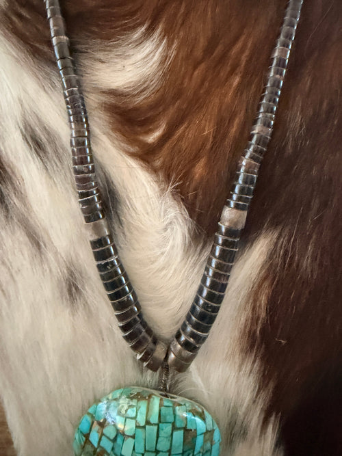 Old Pawn Handcrafted Turquoise and Heishi Shell Mosaic Inlay Beaded Necklace