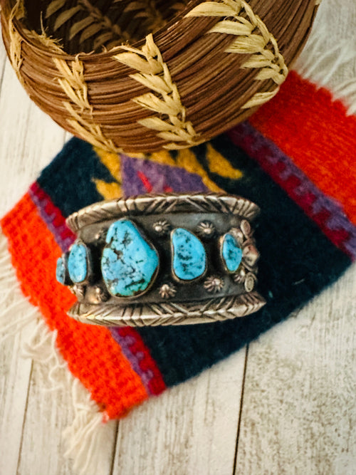 Old Pawn Navajo Sterling Silver & Kingman Turquoise Cuff Bracelet /