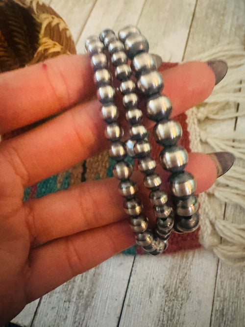 Handcrafted Sterling Silver Pearl Triple Strand Beaded Bracelet 7.5"