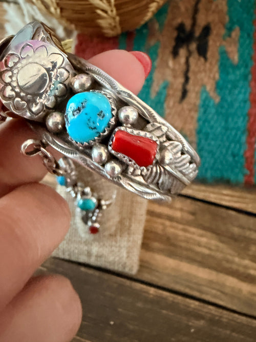 Handcrafted Old Pawn Turquoise, Coral & Sterling Silver Watch Cuff with Hand Chain