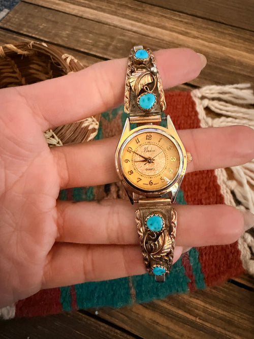 Handcrafted Old Pawn Turquoise & Sterling Silver 12K Gold Plated Watch Cuff