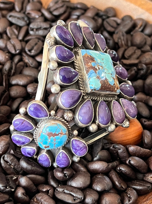 Handcrafted Sterling Silver, Charoite and Golden Hills Turquoise Cluster Cuff Bracelet by Tyler Brown /