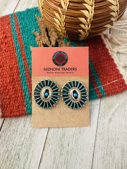 Old Pawn Needlepoint Sterling Silver & Turquoise Cluster Post Earrings