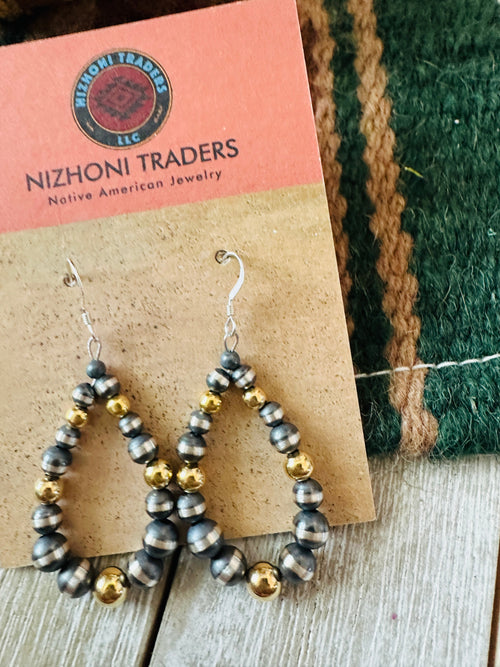 Handcrafted Gold & Sterling Silver Pearl Beaded Dangle Hoop Earrings