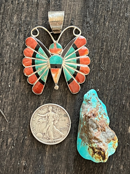 Vintage Handcrafted Sterling Silver, Turquoise, Spiny Oyster Shell and Jet Inlay Butterfly Pendant by Sara Edaakie