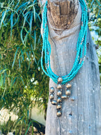 Vintage 8 Strand Blue Beaded Necklace With Saguaro Pendant