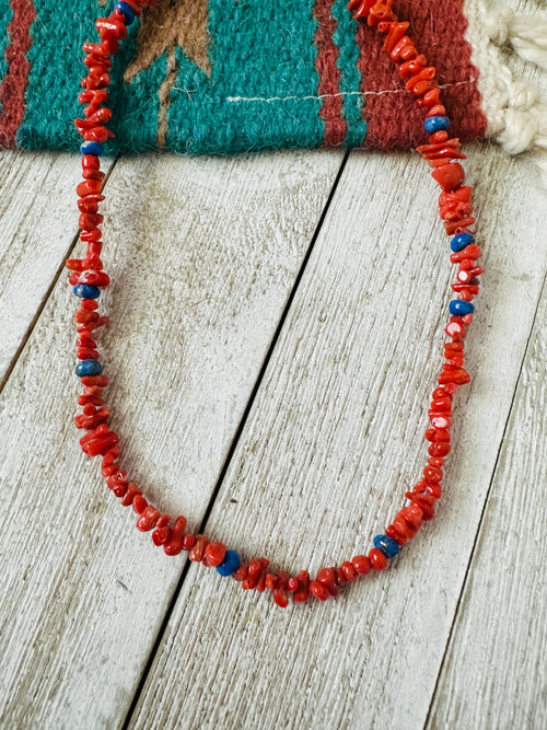 Handcrafted Apple Coral, Lapis & Sterling Beaded Necklace