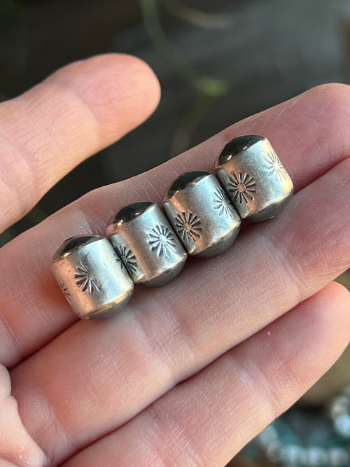 Handmade Stamped Sterling Silver Barrel Beads, High Noon