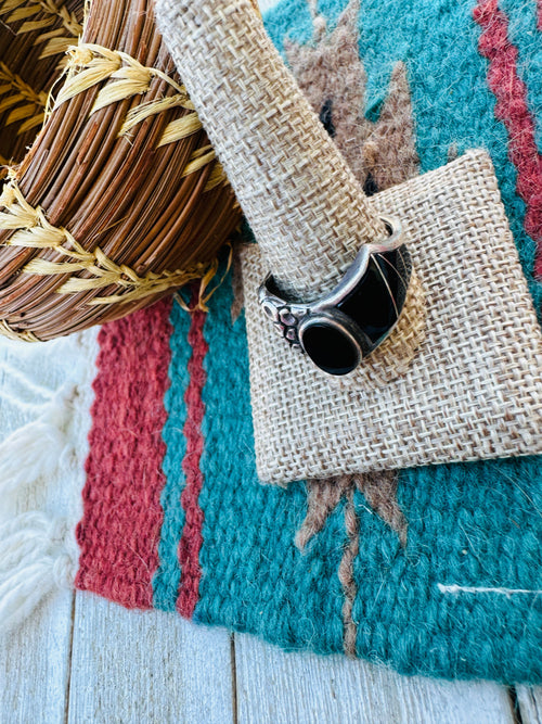 Old Pawn Handcrafted Black Onyx & Sterling Silver Inlay Ring Size 13