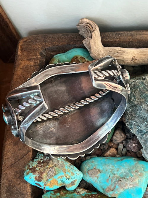 Handcrafted Vintage Sterling Silver and Fox Turquoise Cluster Cuff /