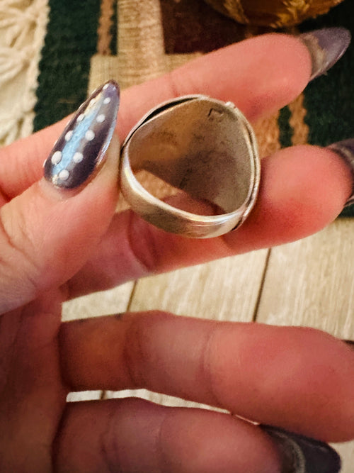 Old Pawn Handcrafted Turquoise, Coral & Sterling Silver Ring Size 5.5