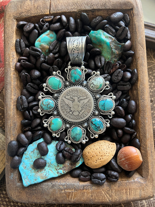Rosella Paxson Hubei Turquoise and Barber Half Dollar Cluster Pendant