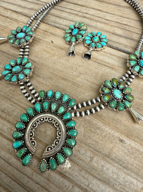 Handmade Beaded Sterling Silver Kingman Turquoise Squash Blossom Necklace Set