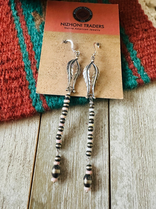 Queen Pink Conch & Sterling Silver Pearl Beaded Feather Earrings