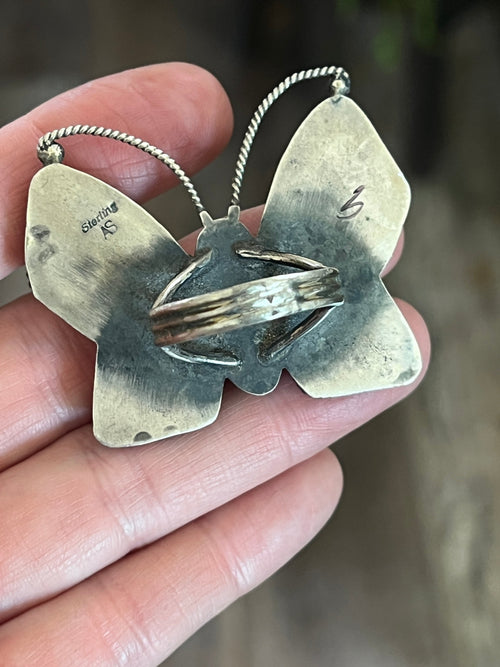 Old Pawn Navajo Sterling Silver and Purple Spiny Oyster Butterfly Ring by Anthony Skeets, Size 11