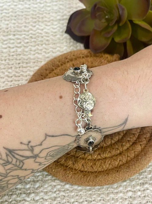 Old Pawn Vintage Sterling Silver & Onyx Link Bracelet