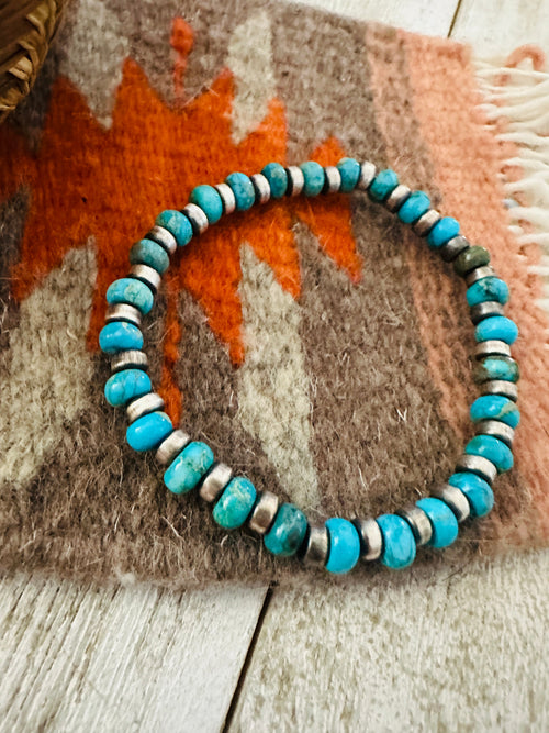 Navajo Turquoise & Sterling Silver Pearl Beaded Stretch Bracelet