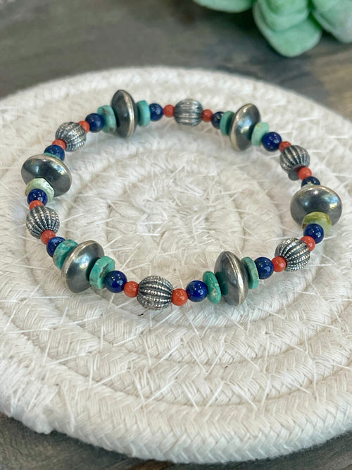 Handmade Sterling Silver Multi Stone Beaded Stretch Bracelet