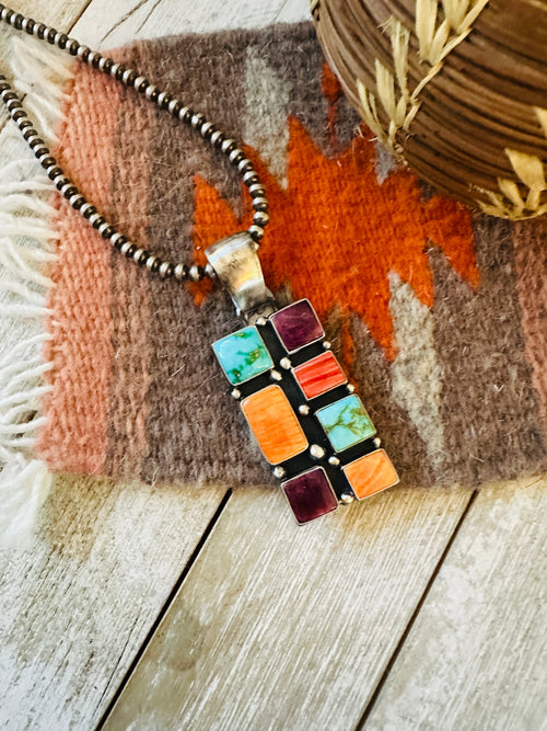 Handcrafted Electric Rainbow Turquoise, Spiny & Sterling Silver Cluster Pendant by Angela Martin