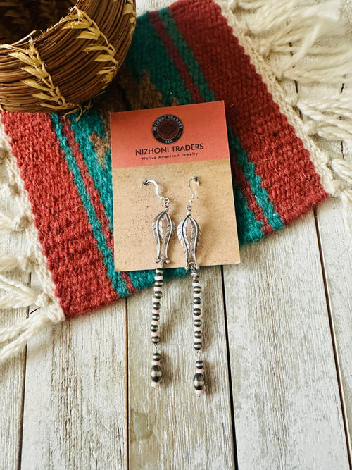 Queen Pink Conch & Sterling Silver Pearl Beaded Feather Earrings