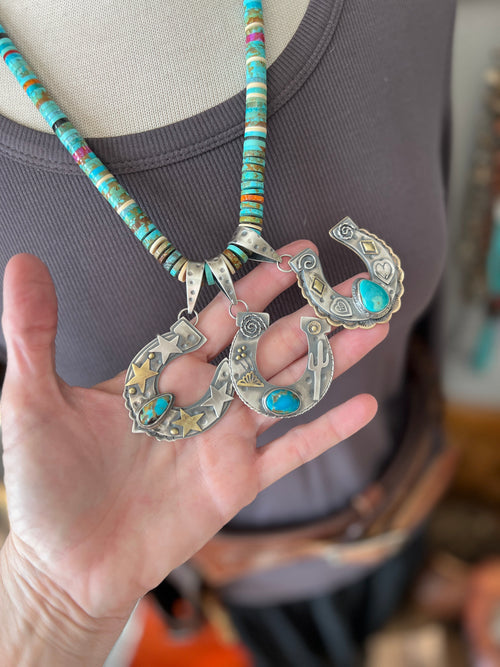 Kimari Somers Hand Stamped Sterling Silver Heart Motif Horseshoe Pendant with Brass & Royston Turquoise