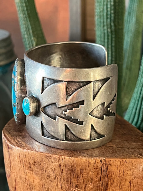 Vintage Old Pawn Sterling Silver and Morenci Turquoise Overlay Cuff Bracelet, Unsigned