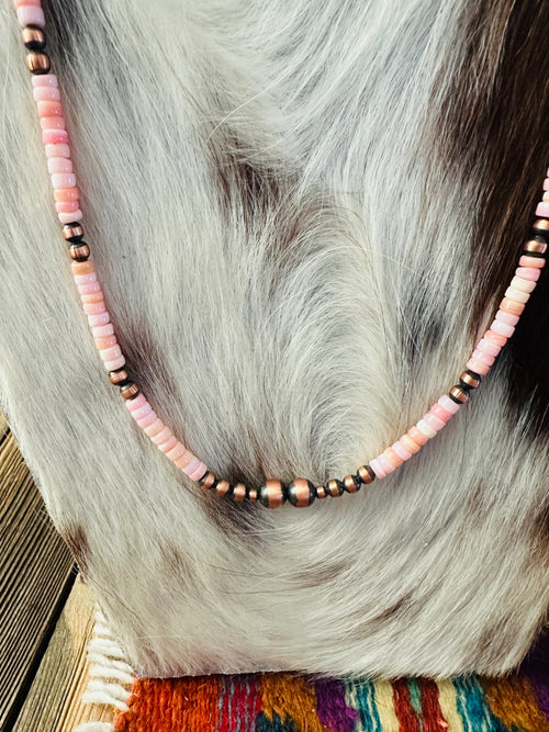 Handcrafted Queen Pink Conch & Copper 24” Beaded Necklace