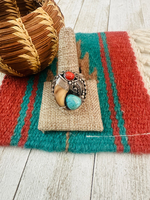 Handcrafted Old Pawn Sterling Silver, Turquoise & Coral Claw Ring Size 11.5